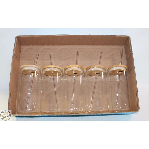 LOT OF 5 GLASS "SUBLIMATION" GLASSES+GLASS STRAWS