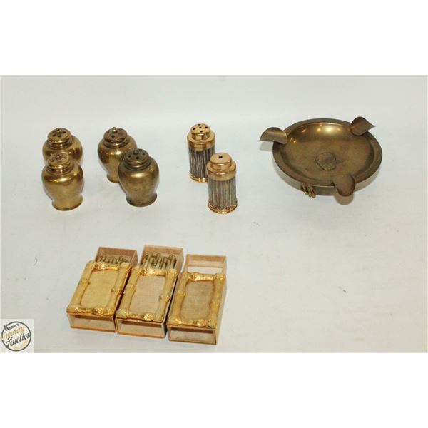 SOLID BRASS SALT/PEPPER SHAKERS + BRASS