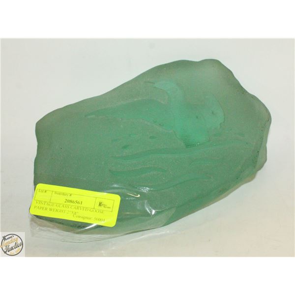 VINTAGE GLASS CARVED GOOSE PAPER WEIGHT 2"X8"