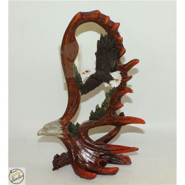 VINTAGE BALD EAGLE/ELK HORN FIGURINE RESIN 9" TALL