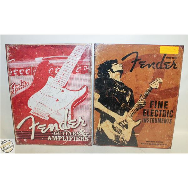 LOT OF 2 GUITAR FENDER METAL SIGNS 16"X12"