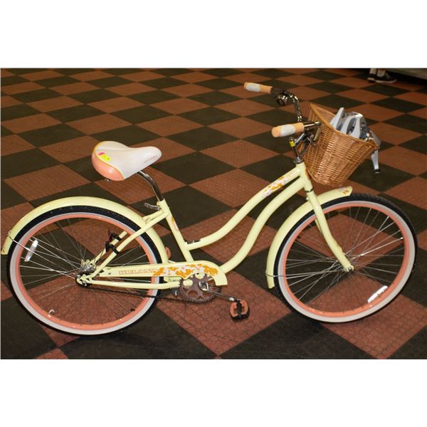 YELLOW VINTAGE BIKE WITH WICKER BASKET