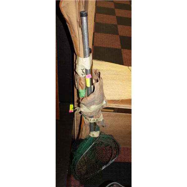 2 FLYRODS AND REELS, FISHING VEST, 3 NETS,