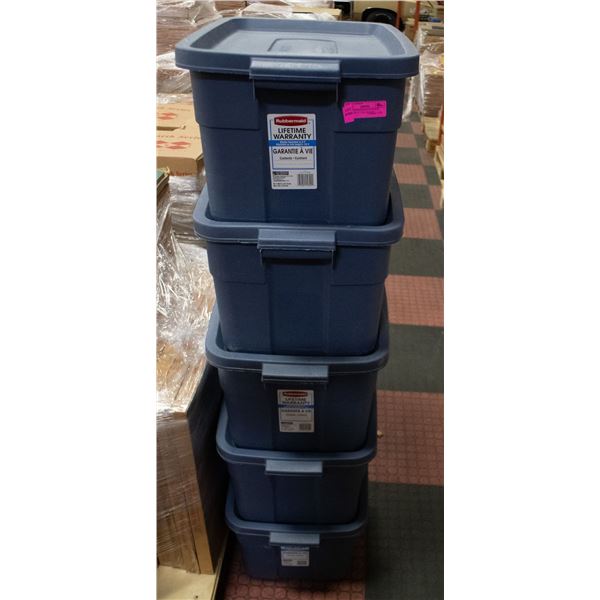 5 NEW RUBBERMAID STORAGE TOTES WITH LEDS 20.8GAL