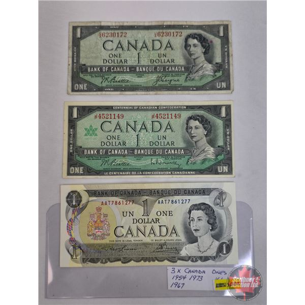 Canada $1 Bills (3): - 1954 : Beattie/Coyne #UA6230172 - 1967 : Beattie/Rasminsky #JP4521149 - 1973 