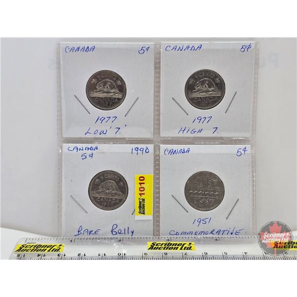 Canada Five Cent (4): 1977 Low; 1977 High; 1990BB; 1951 (SEE PICS!)  (Listing & Descriptions are a G
