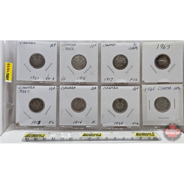 Canada Ten Cent (8) : 1913; 1914; 1917; 1918; 1920; 1934; 1965; 1967 (SEE PICS!)  (Listing & Descrip