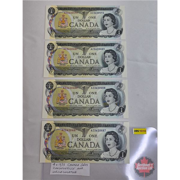 Canada $1 Bills 1973 (4 Consecutive) : Lawson/Bouey #AZ3620487-490 (See Pics for Varieties, Conditio