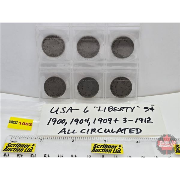 USA Five Cent (6) : 1900; 1904; 1909; 1912; 1912; 1912 (SEE PICS!)  (Listing & Descriptions are a GU
