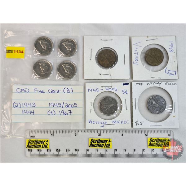Canada Five Cent (8) : 1943; 1943; 1944; 1945; 1967 (4) (SEE PICS!)  (Listing & Descriptions are a G