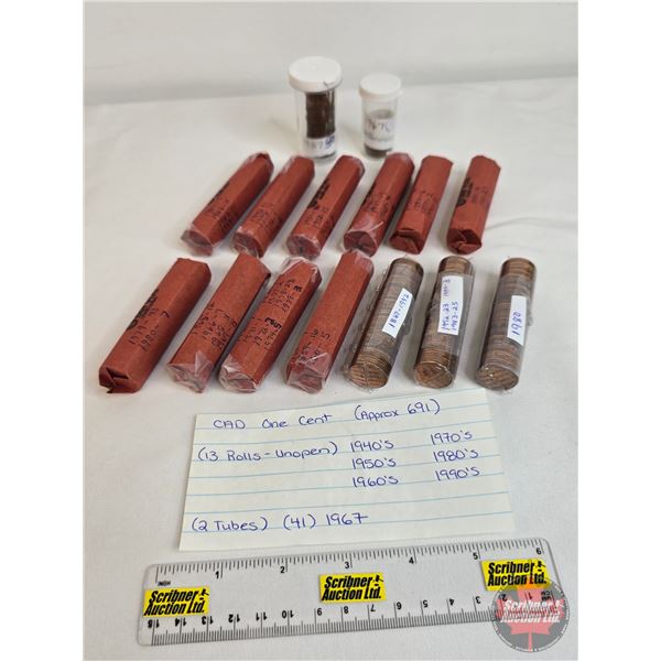 Canada One Cent Collection (ROLLS) (Approx 650 + Coins) : ~ (13 ROLLS) : 1940's ; 1950's ; 1960's ; 