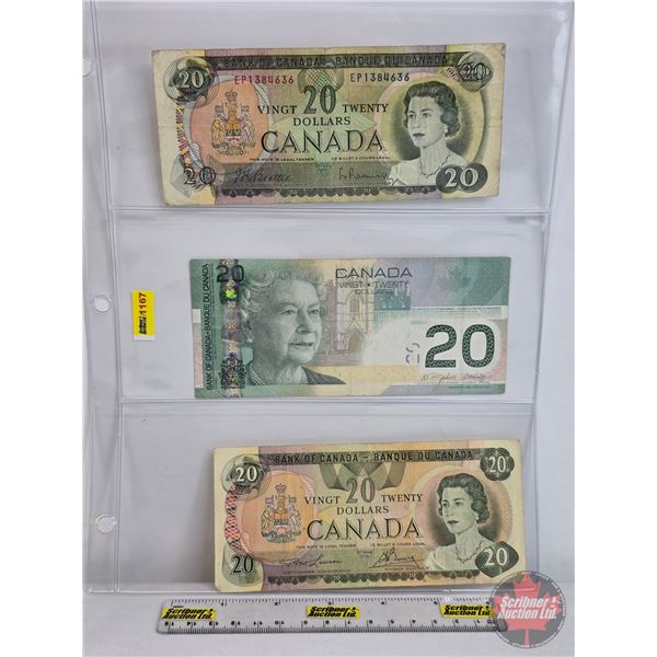 Canada $20 Bills (3):  - 1969 Beattie/Rasminsky #EP1384636 - 2004 Jenkins/Dodge #EZC0578380 - 1979 L