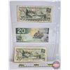 Image 5 : Canada $20 Bills (3):  - 1969 Beattie/Rasminsky #EP1384636 - 2004 Jenkins/Dodge #EZC0578380 - 1979 L