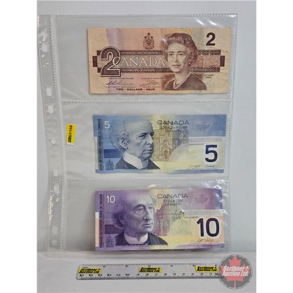 Canada Bills (3): - 1986 $2 : Thiessen/Crow #BUY2190317 - 2002 $5 : Knight/Dodge #ANW4844379 - 2001 