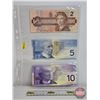 Image 1 : Canada Bills (3): - 1986 $2 : Thiessen/Crow #BUY2190317 - 2002 $5 : Knight/Dodge #ANW4844379 - 2001 