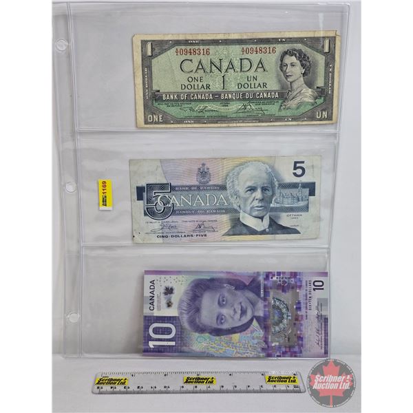 Canada Bills (3): - 1954 $1 : Lawson/Bouey #AI0948316 - 1986 $5 : Crow/Bouey #ENE8048139 - 2018 $10 