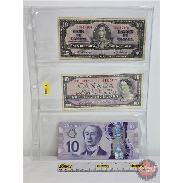 Canada $10 Bills (3) : - 1937 Gordon/Towers #CD8417466 - 1954 Beattie/Rasminsky #BV1814117 - 2013 Ma
