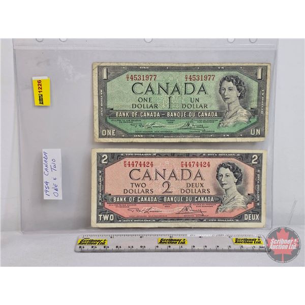 Canada Bills (2) : - 1954 $1 : Lawson/Bouey #CI4531977 - 1954 $2 : Lawson/Bouey #PG4474424 (See Pics