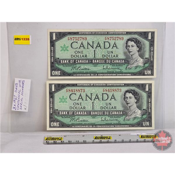 Canada $1 Bills 1967 (2) : - Beattie/Rasminsky #FP8752789 - Beattie/Rasminsky #FP8418873 (See Pics f