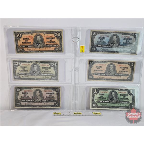 Bank of Canada 1937 Bills (6): - $50 : Gordon/Towers #BH2553052 - $20 : Gordon/Towers #EE6353284 - $