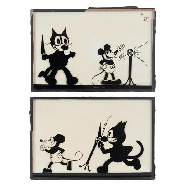A Pair of Mickey Mouse and Felix the Cat Glass Paintings.