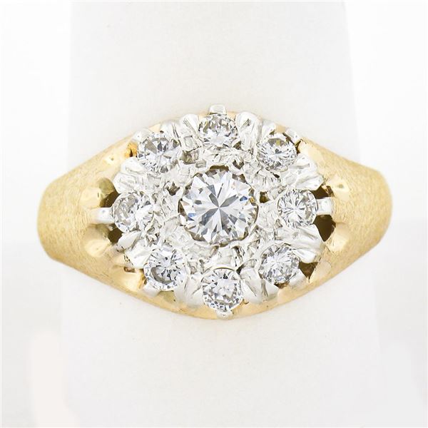 Men's Vintage 14K Two Tone Gold 0.80 ctw Round Diamond Brushed Finish Cluster Ri