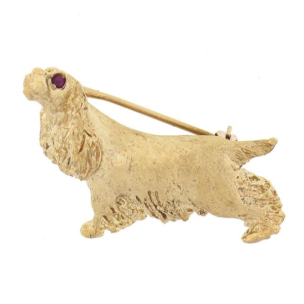 14K Gold Detailed Textured Florentine Cocker Spaniel Dog w/ Ruby Eye Pin Brooch