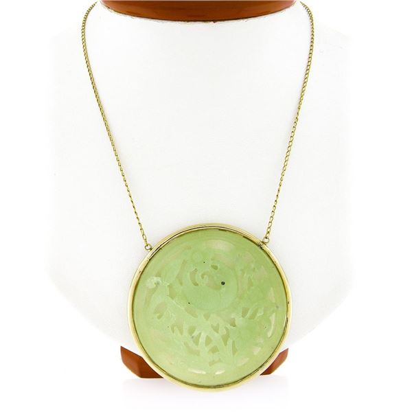 25" Vintage 14k Gold Large Carved Pierced Green Jade Medallion Pendant Necklace