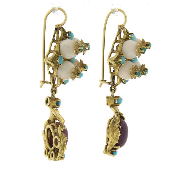 Vintage 18K Gold Bead Coral & Cabochon Ruby w/ Turquoise Drop Dangle Earrings