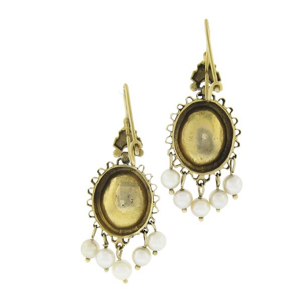 Vintage Victorian Revival 14k Gold Pearl Drop Dangle Earrings w/ Black Enamel