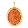 Image 1 : Vintage 14k Gold Bezel Oval Carved Coral Cameo w/ Hand Engraved Frame Pendant