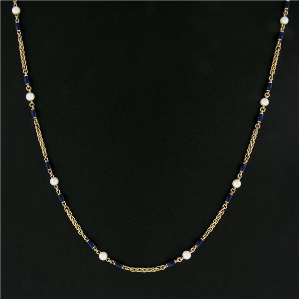 Vintage 18k Gold 4.8mm Pearl & Blue Enamel Bead on Textured Wheat Chain Necklace