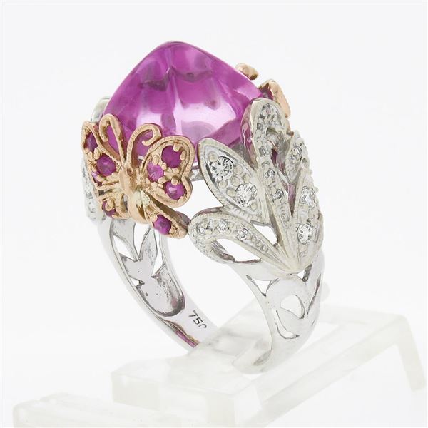 18k Gold Sugarloaf Lab Grown Pink Sapphire & Diamond Butterfly Cocktail Ring