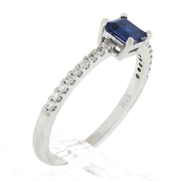 NEW 14K White Gold 0.63 ctw Square Step Cut Sapphire Solitaire & Diamond Ring