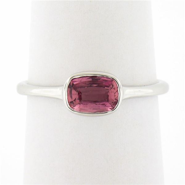 18k White Gold 0.81 ctw GIA Cushion Padparadscha Sapphire Bezel Solitaire Ring