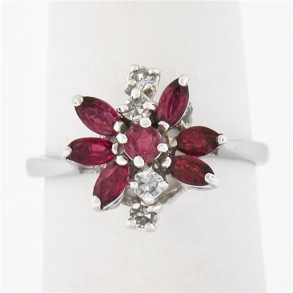 Vintage 14K White Gold 0.80 ctw Ruby & Diamond Petite Tiered Spray Cluster Ring