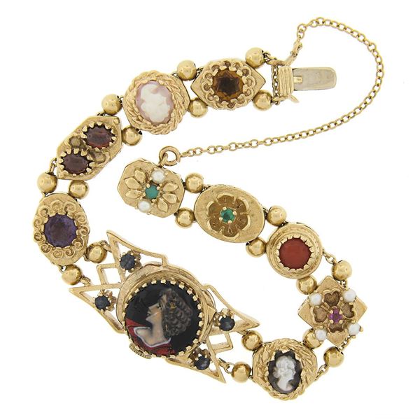 Vintage 14K Yellow Gold 6.25" Cameo & Gemmed Slide Charm Hidden Watch Bracelet