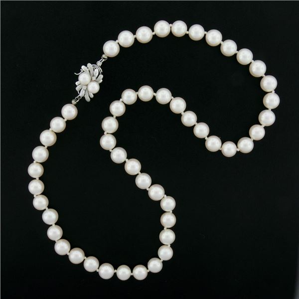 17" 7.5mm White Cultured Pearl Strand Necklace w/ 14k Gold Diamond & Pearl Clasp