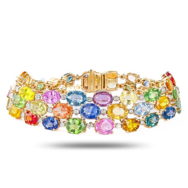 44.57 ctw MultiColor Sapphire and 0.74 ctw Diamond 14K Yellow Gold Bracelet