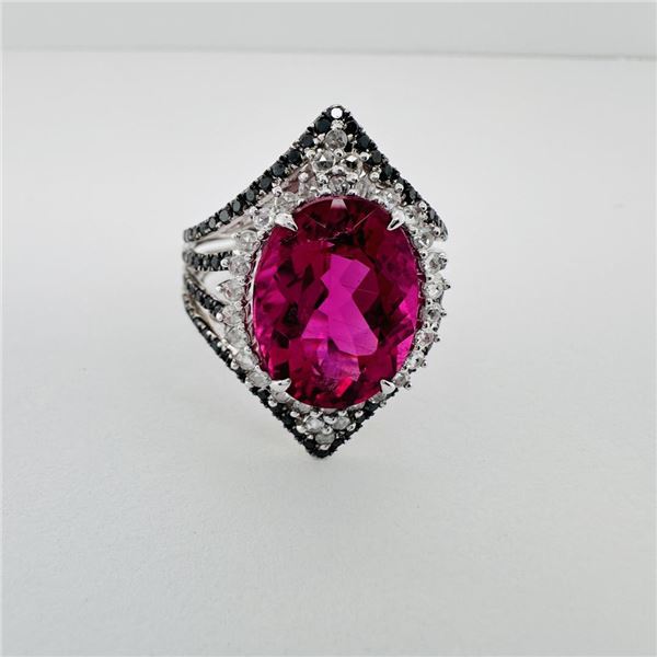 7.84 ctw Natural Rubellite and 0.78 ctw Diamond 18K White Gold Halo Fashion Ring