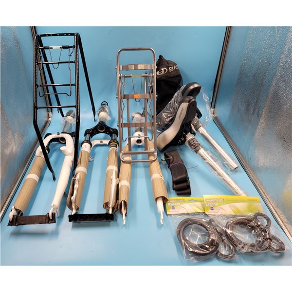 Bicycle Lot w/ Seats, Forks, Cable Locks, Pannier Racks, & More
