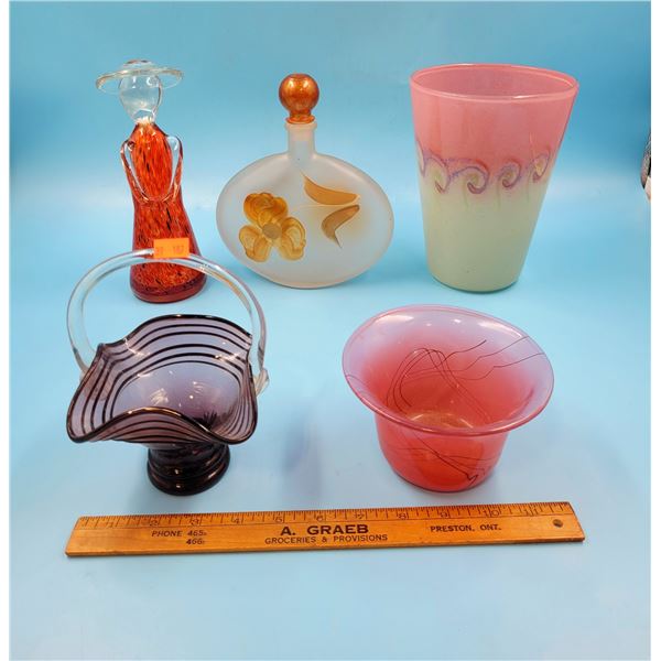 Coloured/Art Glass Lot w/ Hand-Painted Frosted Glass Bottle, Ruffled Basket, & More