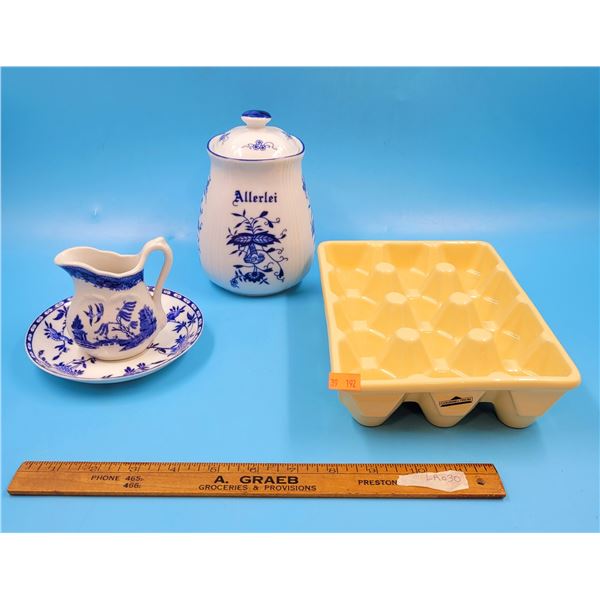 VTG Kitchen Lot w/ Counseltron Ceramic Egg Tray, Kitchen Cannister, & Albert Pick & Co. Creamer Dish