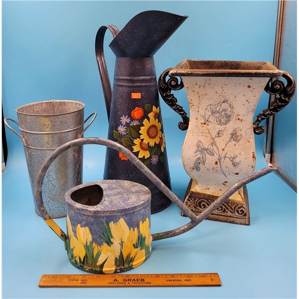 Garden Lot w/ 2 Signed & Hand-Painted Watering Cans, Galvanized Planter, & More