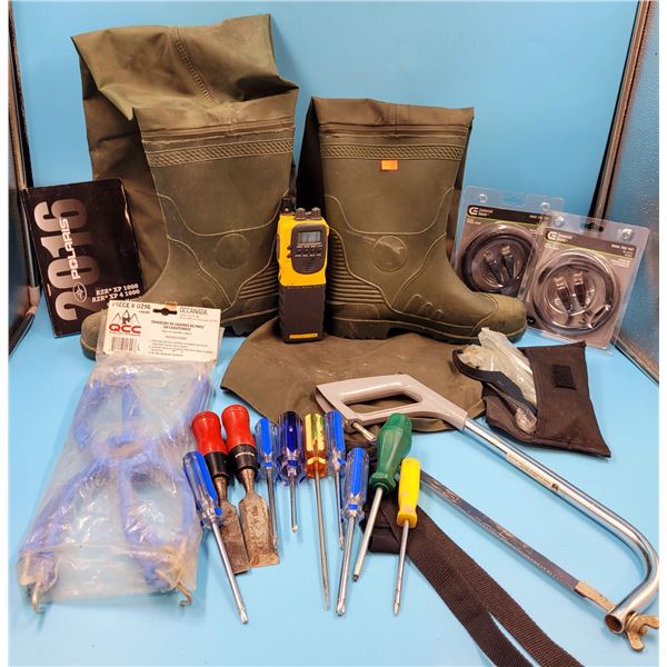 Assorted Tools, Waders, Patch Cords, Rubber Tire Chain Tensioner, & Marine Band Radio