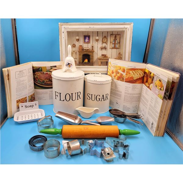 Kitchen & Home Lot w/ Living Room Shadow Box, Cookbooks, Kitchen Cannisters, Cookie Cutters, & More