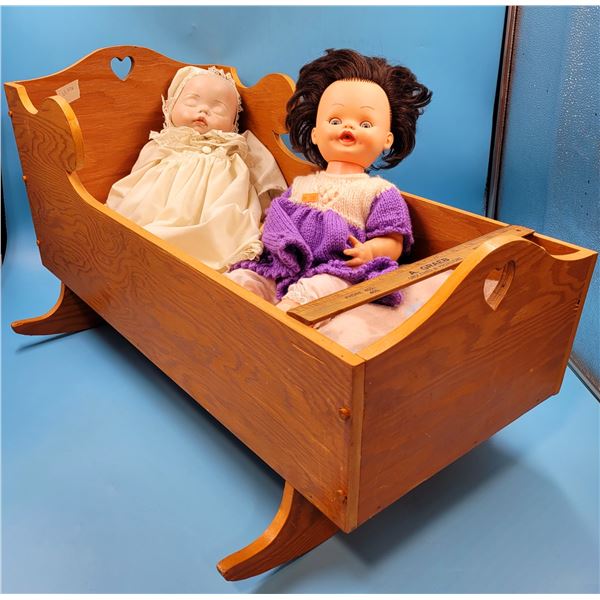 Handmade Solid Wood Doll Cradle w/ Pillows, Bedding, & 2 Dolls