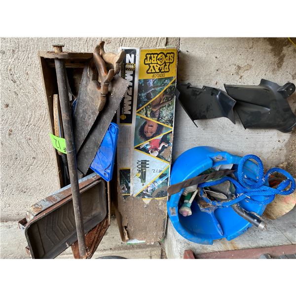 Blue Pail c/w rope and misc., Play Sport Game, Tool Box c/w saws and Misc.