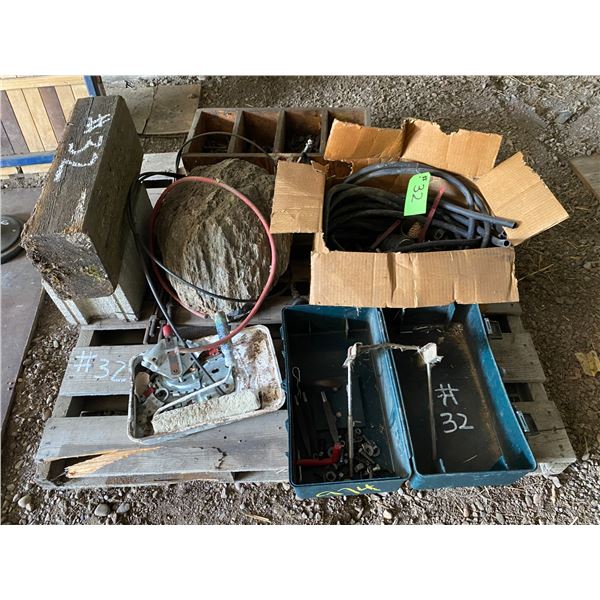 Pallet of Misc., Bolts, Washers, Gears, Cinder Block, Rock