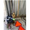 Image 1 : 2 - Slow Moving Signs, 2 Clamps, Rake, 2 Brooms, misc. Hose & Old Grinder & misc.